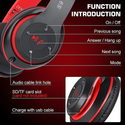 Bluetooth Headphones over Ear, Wireless Headphones Wired with 6 EQ Modes, 40 Hours Playtime Foldable Hifi Stereo Headset with Microphone, FM/TF for Cellphone/Pc/Work (Black & Red)