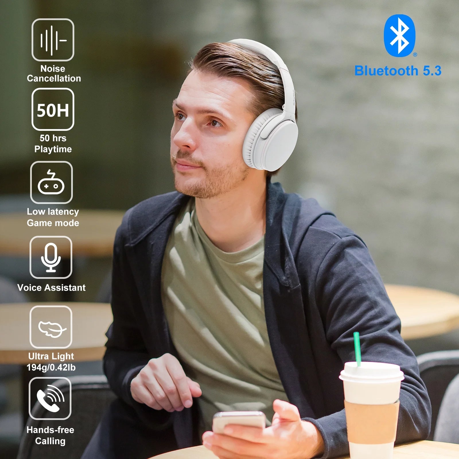 NC25 Noise Cancelling Stereo Headphones Bluetooth 5.3, ANC Headset Over-Ear with Hi-Fi,Mic,50H Playtime,Low Latency Game Mode