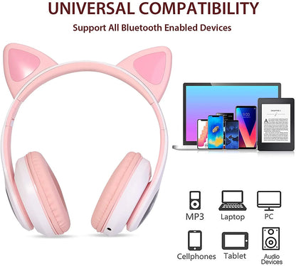 Kids Headphones, Cat Ear Wireless Headphones, LED Light up Bluetooth over on Ear Pink Headphones for Toddler Boy Girl Teen Children W/Microphone for Phone/Laptop/School Christmas Gift for Girls