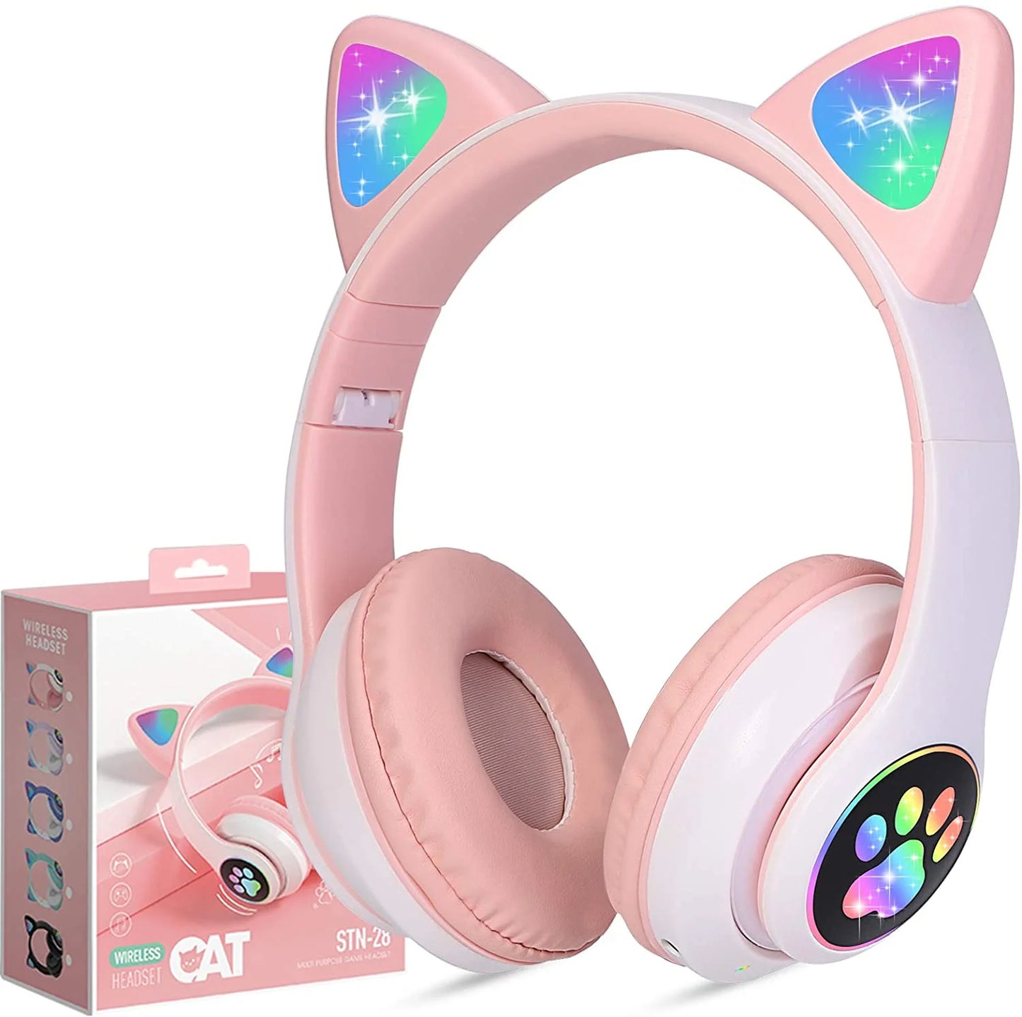 Kids Headphones, Cat Ear Wireless Headphones, LED Light up Bluetooth over on Ear Pink Headphones for Toddler Boy Girl Teen Children W/Microphone for Phone/Laptop/School Christmas Gift for Girls