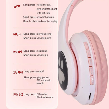 Kids Headphones, Cat Ear Wireless Headphones, LED Light up Bluetooth over on Ear Pink Headphones for Toddler Boy Girl Teen Children W/Microphone for Phone/Laptop/School Christmas Gift for Girls